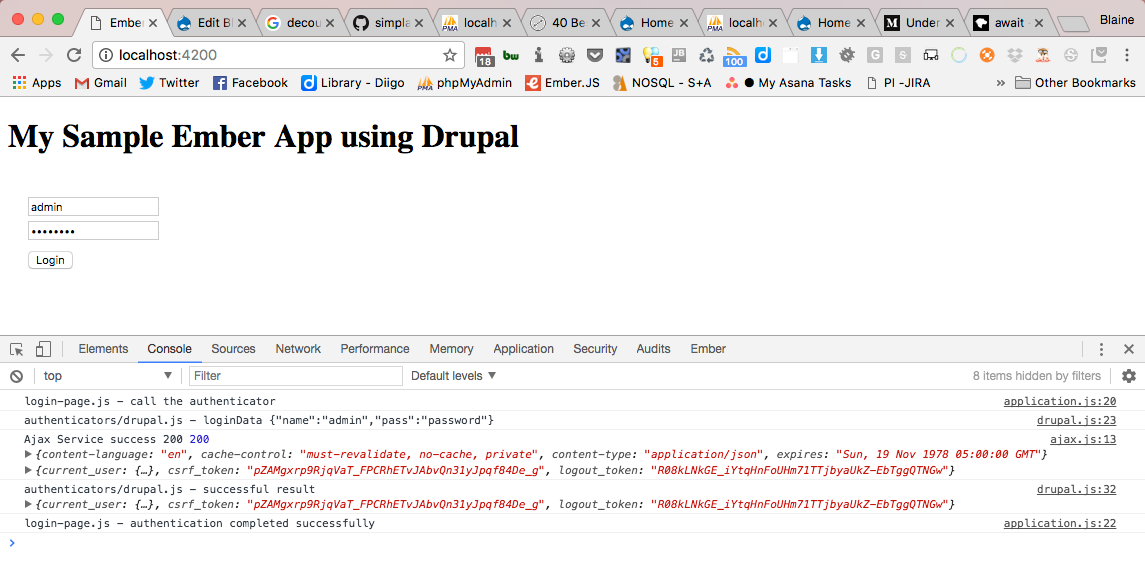 Screenshot of devtools showing successful login