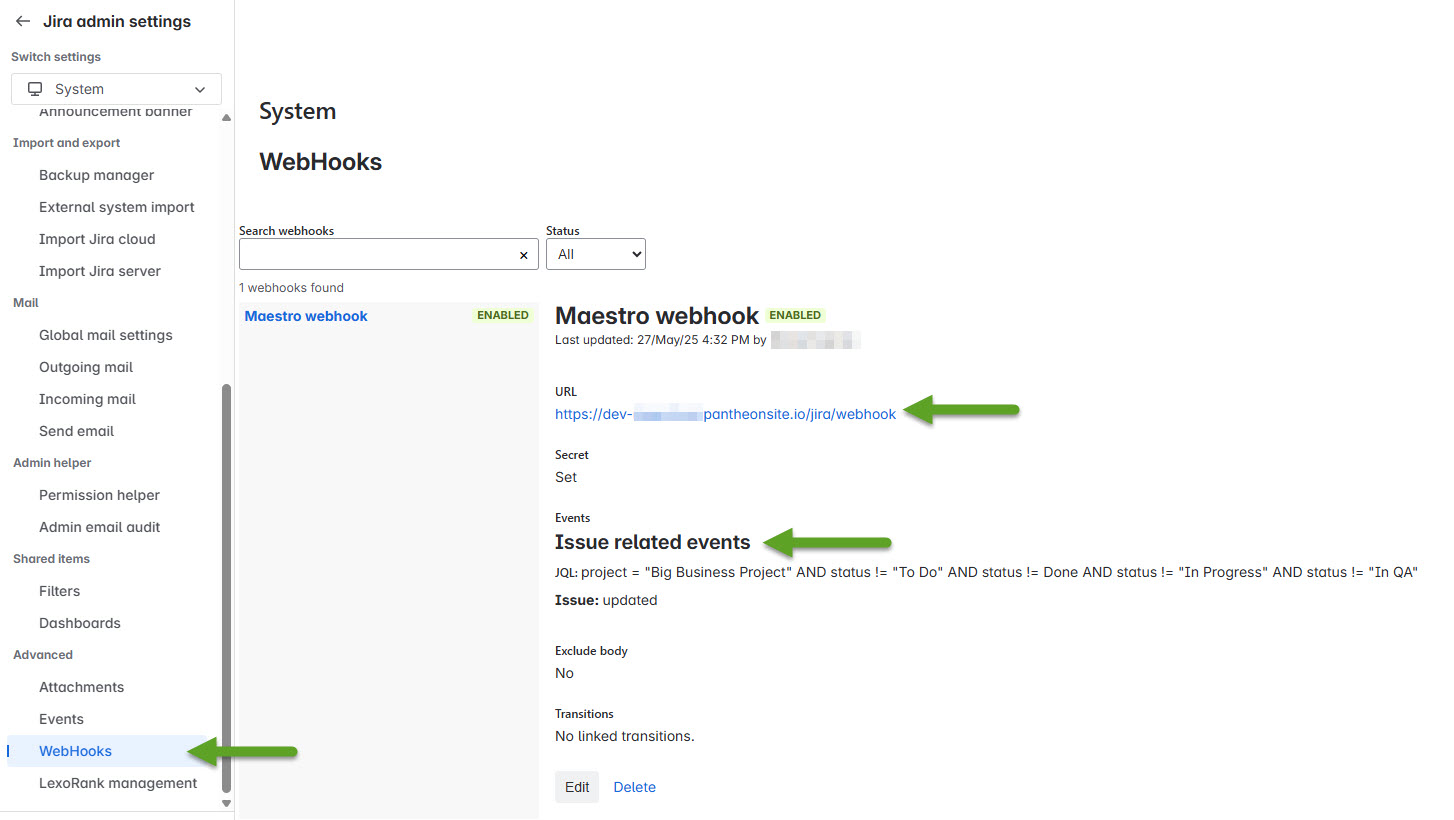 Jira WebHook Config